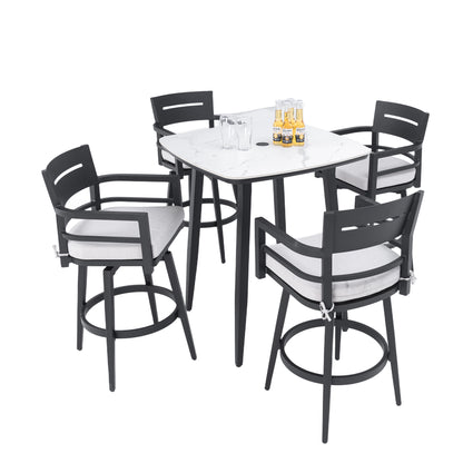 Modern 5PC Outdoor Patio Bar Set,Rounded Square Sintered Stone Table & 4 Swivel Bar Chairs,Non-Rust Aluminum Frame,Ember Black, Marble-Inspired Top,Bearing Swivel Plate,Tapered Legs,Sunbrella Cushion
