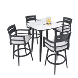 Modern 5PC Outdoor Patio Bar Set,Rounded Square Sintered Stone Table & 4 Swivel Bar Chairs,Non-Rust Aluminum Frame,Ember Black, Marble-Inspired Top,Bearing Swivel Plate,Tapered Legs,Sunbrella Cushion