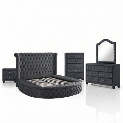 HAZEL Modern Queen 5-Piece Bedroom Set in Gray Velvet Finish with Storage Bed, Dresser, Mirror, Nightstand and Chest, Luxury Bedroom Furniture Set with Bluetooth Speakers