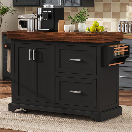 K&K 53' Large Kitchen Island with 3.5' Thick Desktop, Spice and Towel Racks, Rolling Kitchen Island with Storage on 5 Wheels, 2 Extra-large Drawers, for Home, Kitchen, Dining Room, Black