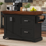 K&K 53' Large Kitchen Island with 3.5' Thick Desktop, Spice and Towel Racks, Rolling Kitchen Island with Storage on 5 Wheels, 2 Extra-large Drawers, for Home, Kitchen, Dining Room, Black