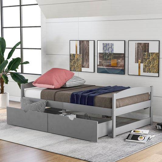 Gray Twin Size Platform Bed with Two Drawers, Pine Wood and MDF Construction