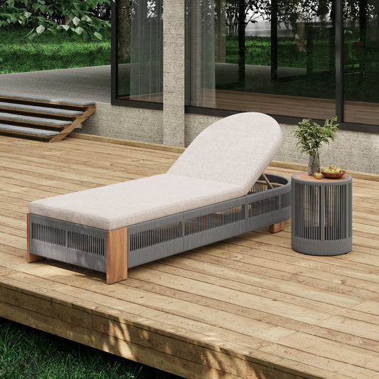 Outdoor Rope Chaise Lounge Set, Patio Lounge Chairs, Outside Poolside Lounge Furniture Set, Teak look wood Side Table and Beige Cushions, Chaise Lounge with Adjustable Backrest( Grey rope)