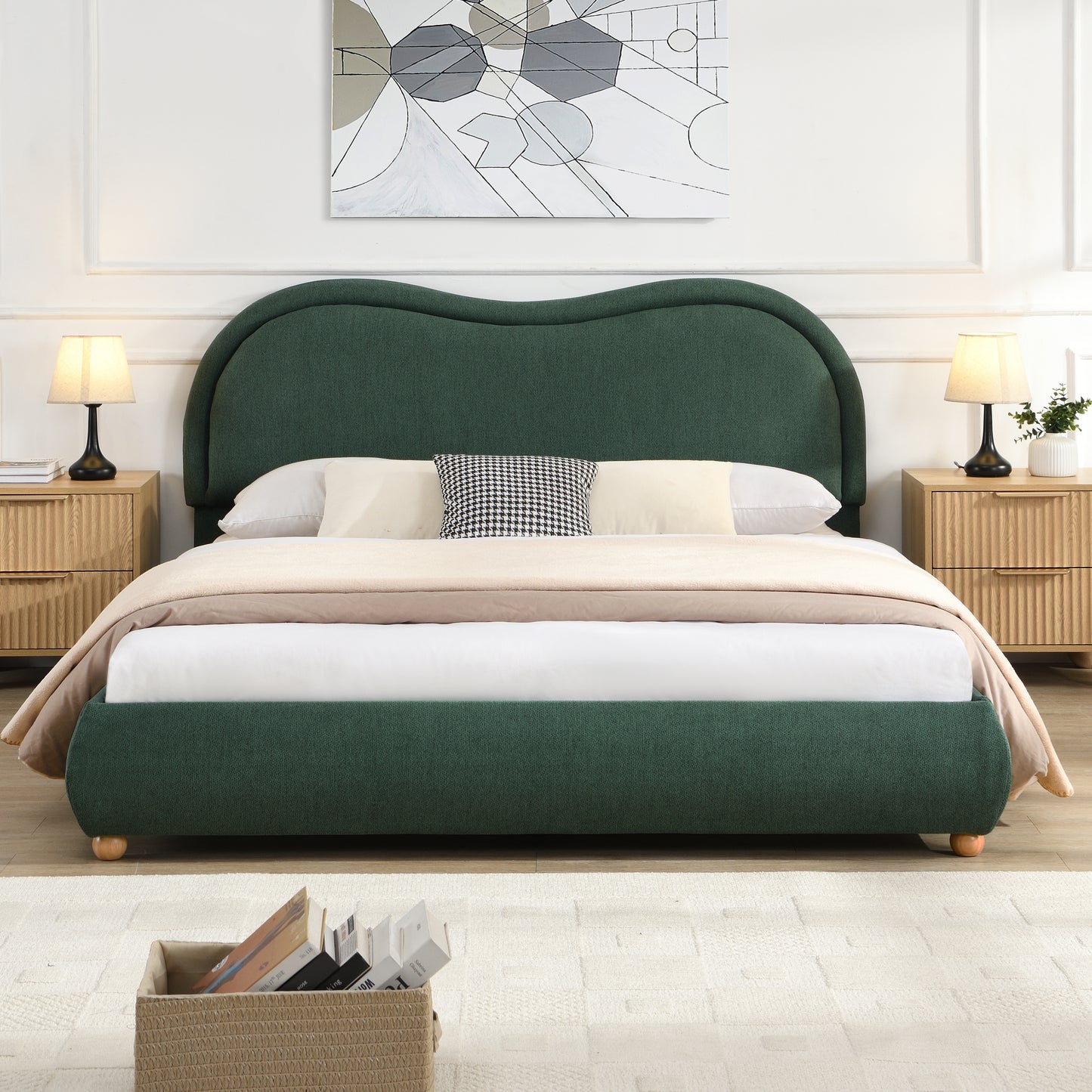 Queen Size Upholstered Platform Bed Frame with Rounded Corners Curved Headboard, Wooden Slats, Oak Solid Wood Legs, Chenille Fabric, No Box Spring Needed, Easy Assembly, Olive Green