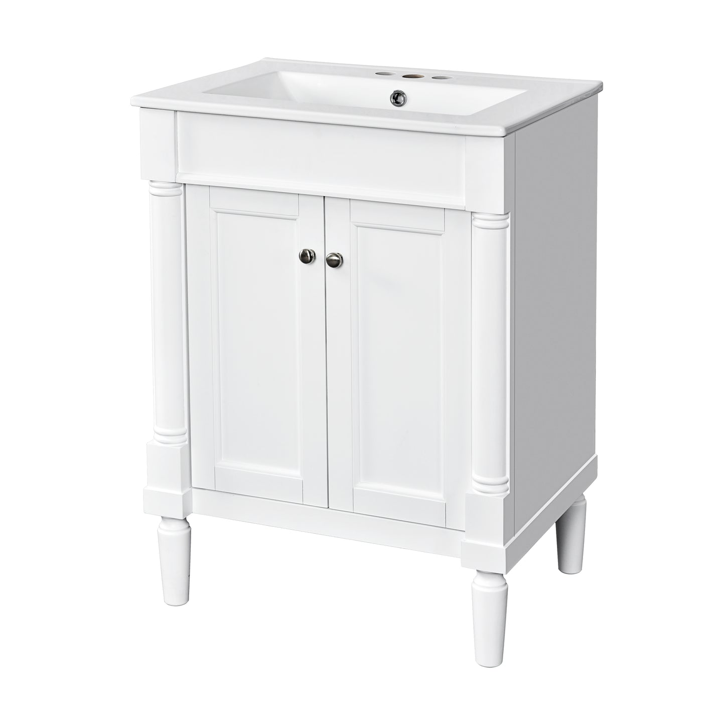 Modern 24'' Bathroom Vanity with Top Sink, White Ceramic Basin, Solid Wood Frame & MDF Cabinet, 2-Tier Storage, Rectangular Design