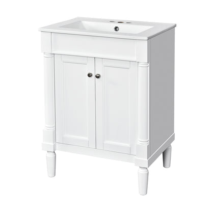 Modern 24'' Bathroom Vanity with Top Sink, White Ceramic Basin, Solid Wood Frame & MDF Cabinet, 2-Tier Storage, Rectangular Design