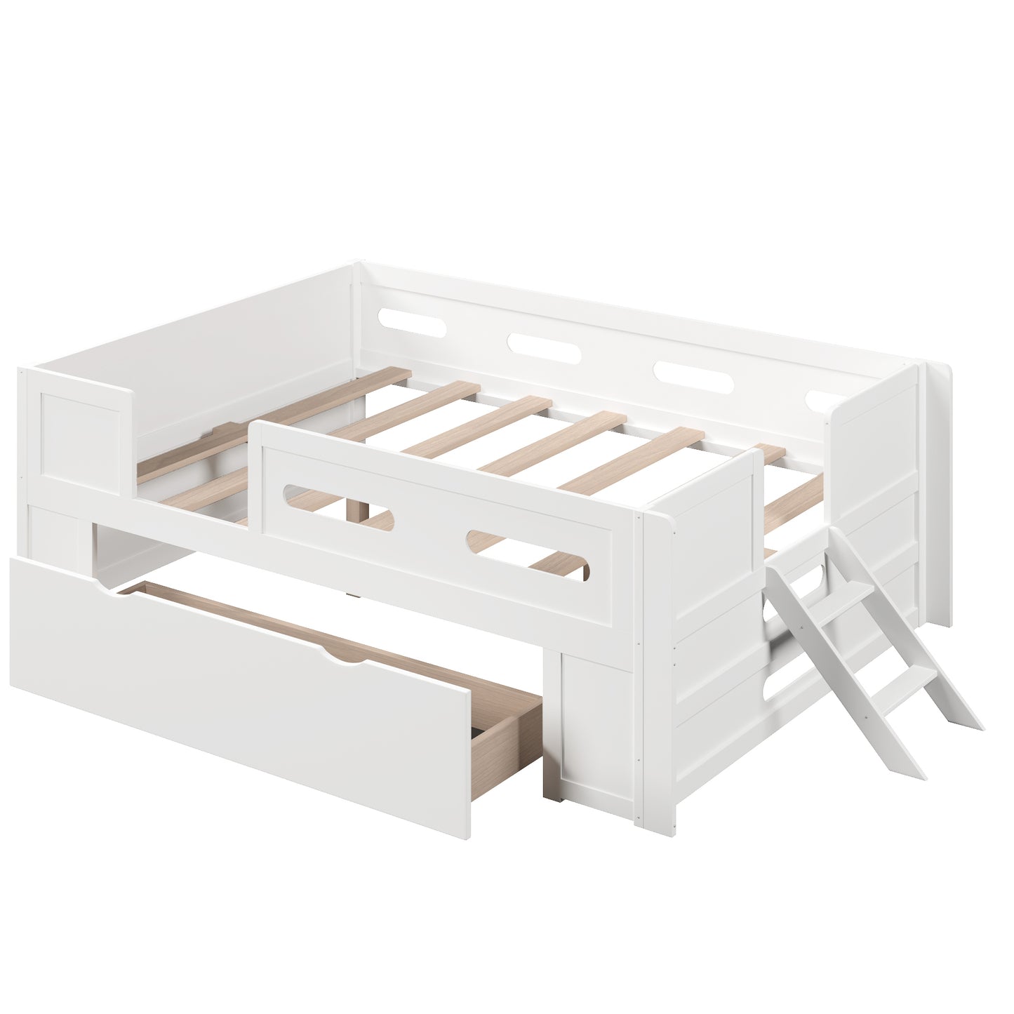 White Solid Pine Wood & MDF Full Size Platform Bed with Guardrail and Drawer, 79.7''L x 56.4''W x 27.9''H