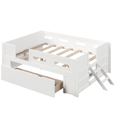White Solid Pine Wood & MDF Full Size Platform Bed with Guardrail and Drawer, 79.7''L x 56.4''W x 27.9''H