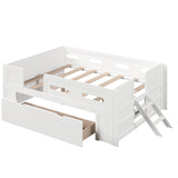 White Solid Pine Wood & MDF Full Size Platform Bed with Guardrail and Drawer, 79.7''L x 56.4''W x 27.9''H