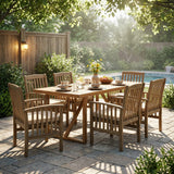 7 Pieces Acacia Wood Outdoor Dining Set s,Modern 6 Chairs  1 Large Table,Dining Furniture Set for Lawn, Backyard, Garden Deck,Poolside,Grey