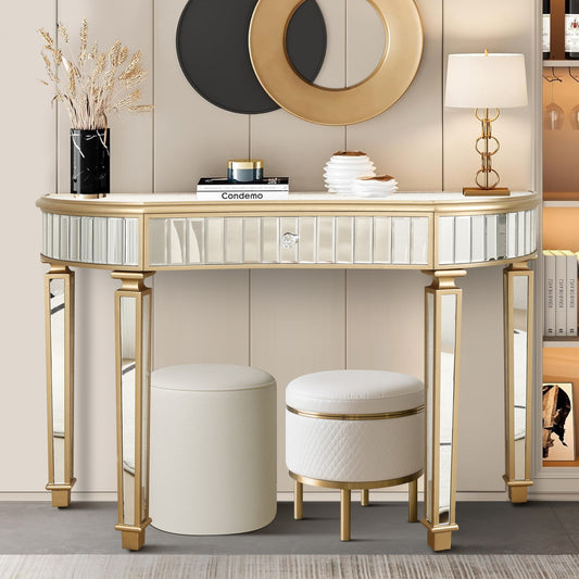 47' Half-Moon Mirrored Console Table with Fluted Glass & Crystal Knob Drawer - Silver Entryway Vanity Desk for Bedroom/Dressing Room(Gold+Sliver)