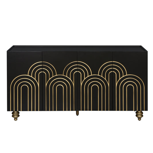 Modern Fluted Sideboard Buffet with Storage, Curve Element with Strict Lines, Black MDF 4-Door Cabinet