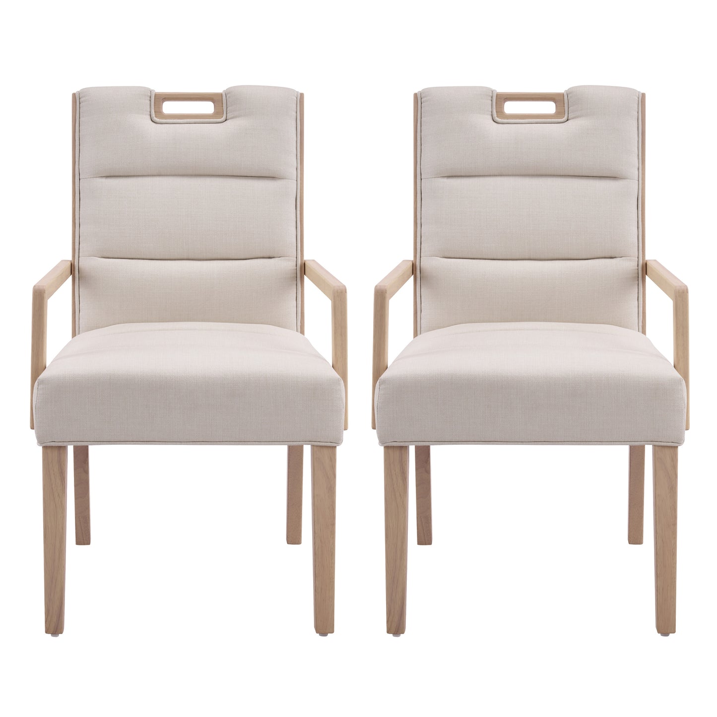Upholstered Dining Chairs with Armrests, Beige Fabric & Natural Rubber Wood Frame, Set of 2