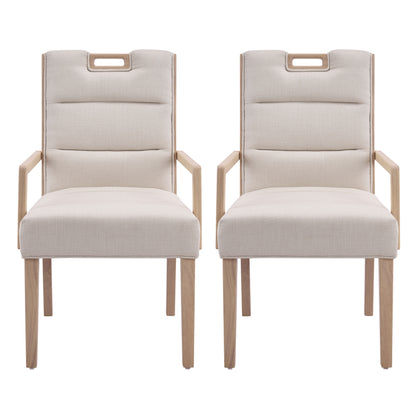 Upholstered Dining Chairs with Armrests, Beige Fabric & Natural Rubber Wood Frame, Set of 2