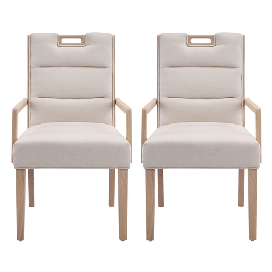 Upholstered Dining Chairs with Armrests, Beige Fabric & Natural Rubber Wood Frame, Set of 2