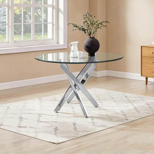 Modern Round Glass Table, 35.43 inches Of Tempered Glass With A Silver Frame.Kitchen Table Set For Dining Room, Party Table,Conference Table,Living Room,Office,Cafe,Home Kitchen,Bedroom