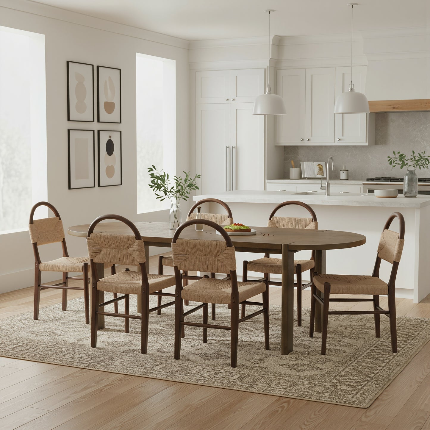 7 Pieces Modern Oval Dining Set, Rustic Farmhouse Solid Wood  Kitchen Table Set for 6, 71'' Large Retro Country Dinner Set with Walnut Chair, for Dining Room, Kitchen, Home Office, Living Room, Walnut