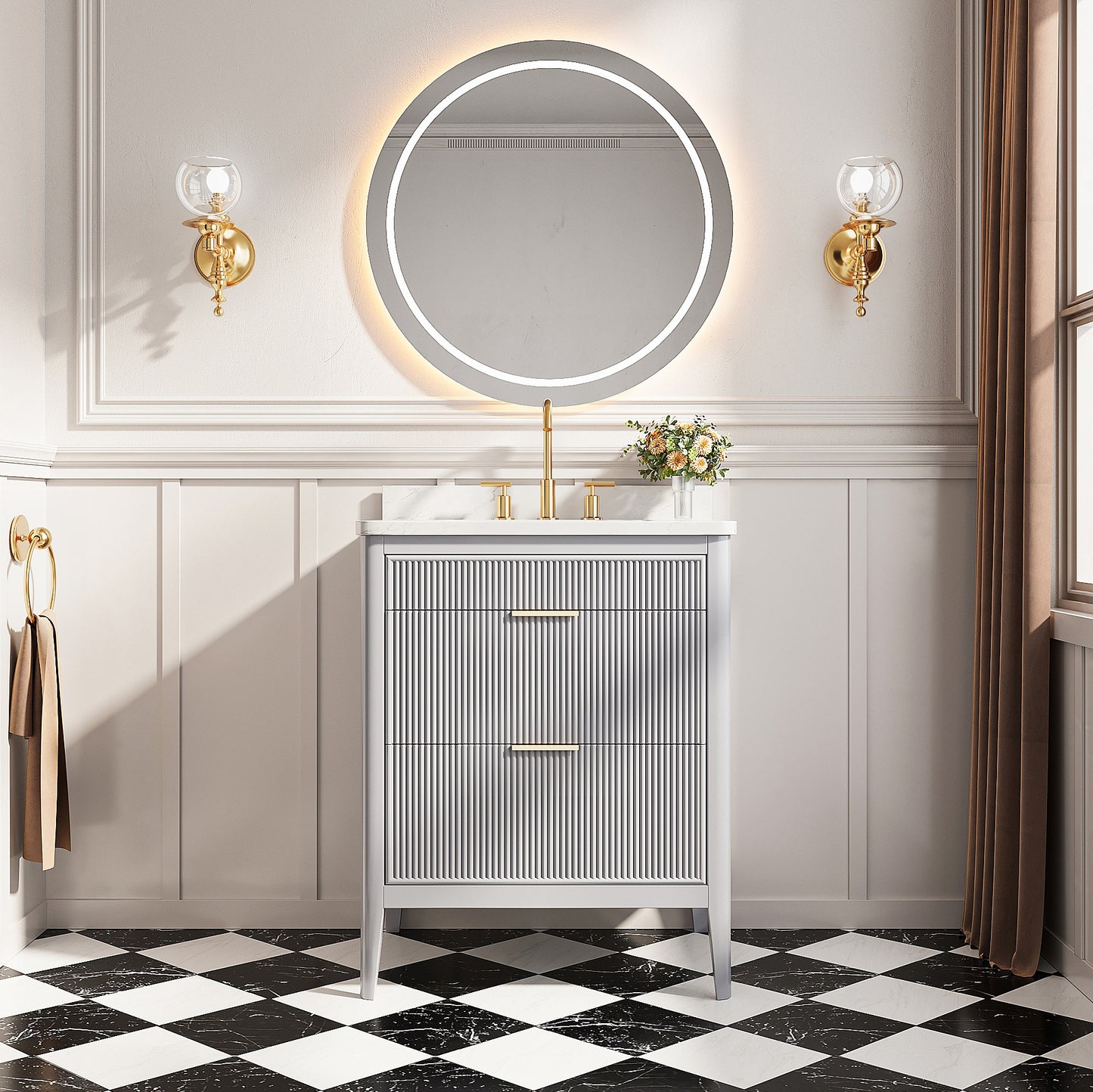 Fully Assembled 30''  Grey Freestanding Single Sink Bathroom Vanity with 2 Handle Sets and Engineered Marble Top