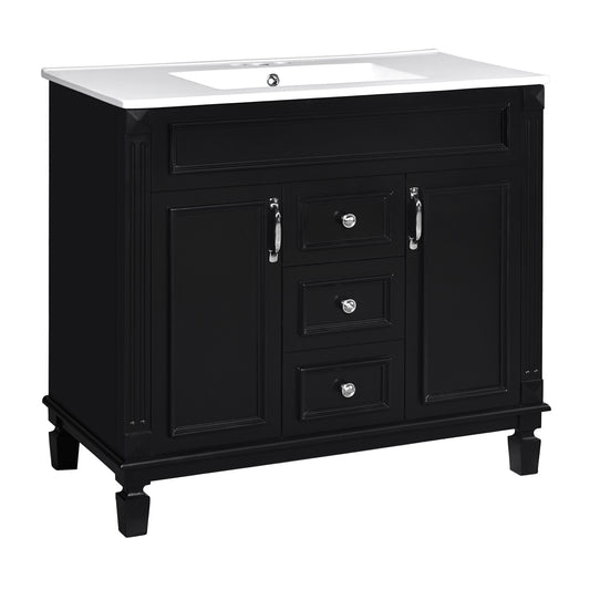 Modern 36'' Black Bathroom Vanity with Top Sink, Ceramic Basin Cabinet with 2 Soft-Closing Doors and 2 Drawers, MDF & Solid Wood Construction