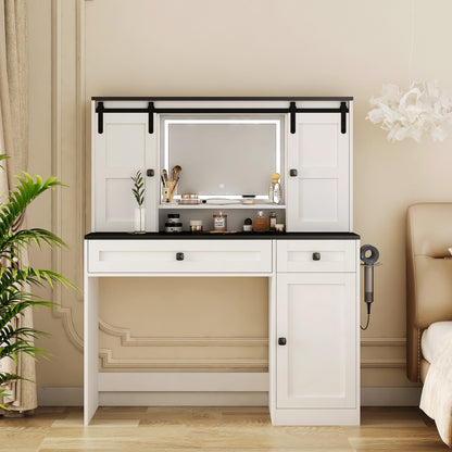Farmhouse Dressing Table Makeup Table, 43' Wide Dressing Table with Lighted Mirror and Makeup Drawer, Large Modern Dressing Table Set with Hair Dryer Holder for Bedroom, White