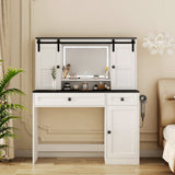 Farmhouse Dressing Table Makeup Table, 43' Wide Dressing Table with Lighted Mirror and Makeup Drawer, Large Modern Dressing Table Set with Hair Dryer Holder for Bedroom, White
