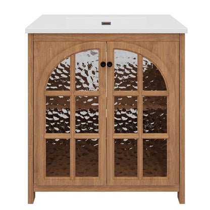 31' Vintage Rustic Bathroom Vanity with Ceramic Sink, Antique Natural Finish, Bronze Pulls, MDF & Rubber Wood Construction