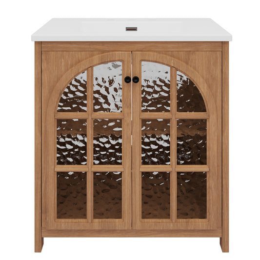 31' Vintage Rustic Bathroom Vanity with Ceramic Sink, Antique Natural Finish, Bronze Pulls, MDF & Rubber Wood Construction