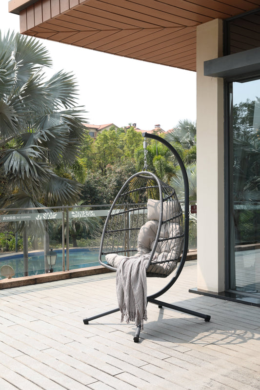 Egg Chair with Stand Outdoor Foldable Patio Wicker Hanging Swing Chairs for Bedroom Balcony with Cushions 350Lbs Indoor Lounge Basket All Weather Hammock Swinging Chair, Ivory