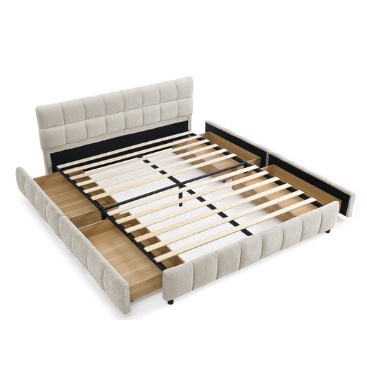 Modern Queen Size Upholstered Bed Frame with Headboard and Storage Drawer, Beige Chenille Fabric