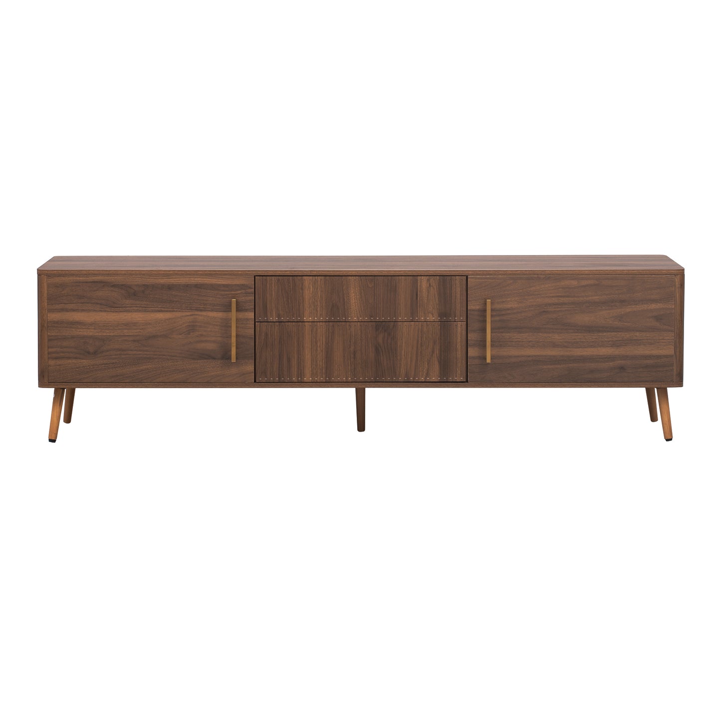 Mid Century TV Stand with 2 Drawers, Media Console Table for TVs up to 80'', Walnut Finish Solid Wood and MDF Entertainment Center for Living Room, Bedroom, Home Theatre