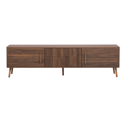 Mid Century TV Stand with 2 Drawers, Media Console Table for TVs up to 80'', Walnut Finish Solid Wood and MDF Entertainment Center for Living Room, Bedroom, Home Theatre