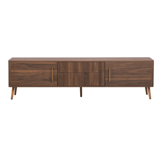 Mid Century TV Stand with 2 Drawers, Media Console Table for TVs up to 80'', Walnut Finish Solid Wood and MDF Entertainment Center for Living Room, Bedroom, Home Theatre