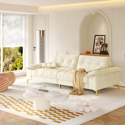 104.7 ' Modern 4-Seat Cloud Sofa with Wide Removable Armrests, Tufted Sofa with Metal Legs,Comfy Chenille Upholstered Couch with 2 Pillows for Living Room,Bedroom,Apartment, Office,Studio,Beige/White