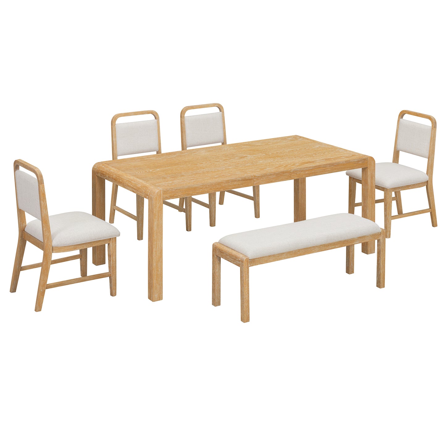 TREXM Vintage Extendable Dining Table Set for 4-6 with 4 Upholstered Chairs and 1 Bench, Rustic Wire Brushed Natural Kitchen Table Set with Curved Design for Dining Room and Kitchen