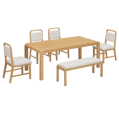 TREXM Vintage Extendable Dining Table Set for 4-6 with 4 Upholstered Chairs and 1 Bench, Rustic Wire Brushed Natural Kitchen Table Set with Curved Design for Dining Room and Kitchen