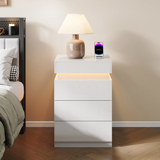 Nightstand with Built-In Charging Station and LED Lighting, 3-Drawer Sliding-Top Modern Bedside Table, WhiteWooden End Table