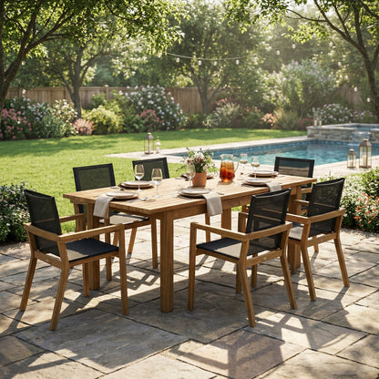 7 Pieces Acacia Wood Outdoor Dining Set s,Modern 6 Chairs 1 Large Table, Dining Furniture Set for Lawn, Backyard, Garden Deck,Poolside,Teak