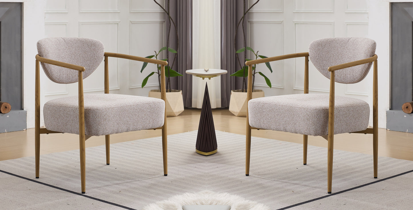 Beige fabric color dining room chair, living room chair, bedroom chair 2sets, woven fabric cover with foam inside back and seat,metal frame with water transfer pringting, wood grain visual