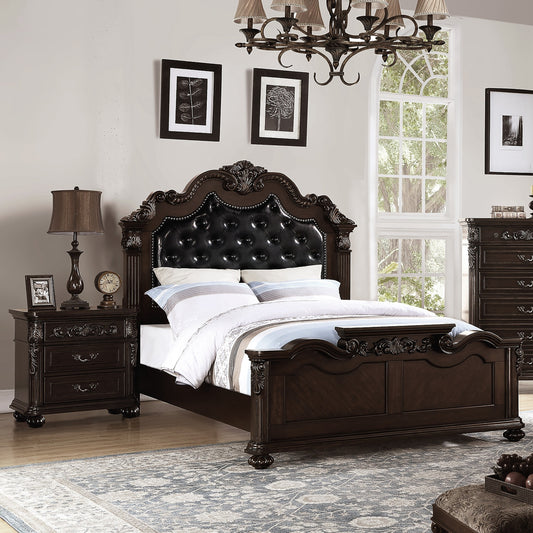 Gorgeous Traditional Antique Cherry Queen Size Bed Tufted Faux Leather HB 2x Nightstands 3pc Bedroom Set
