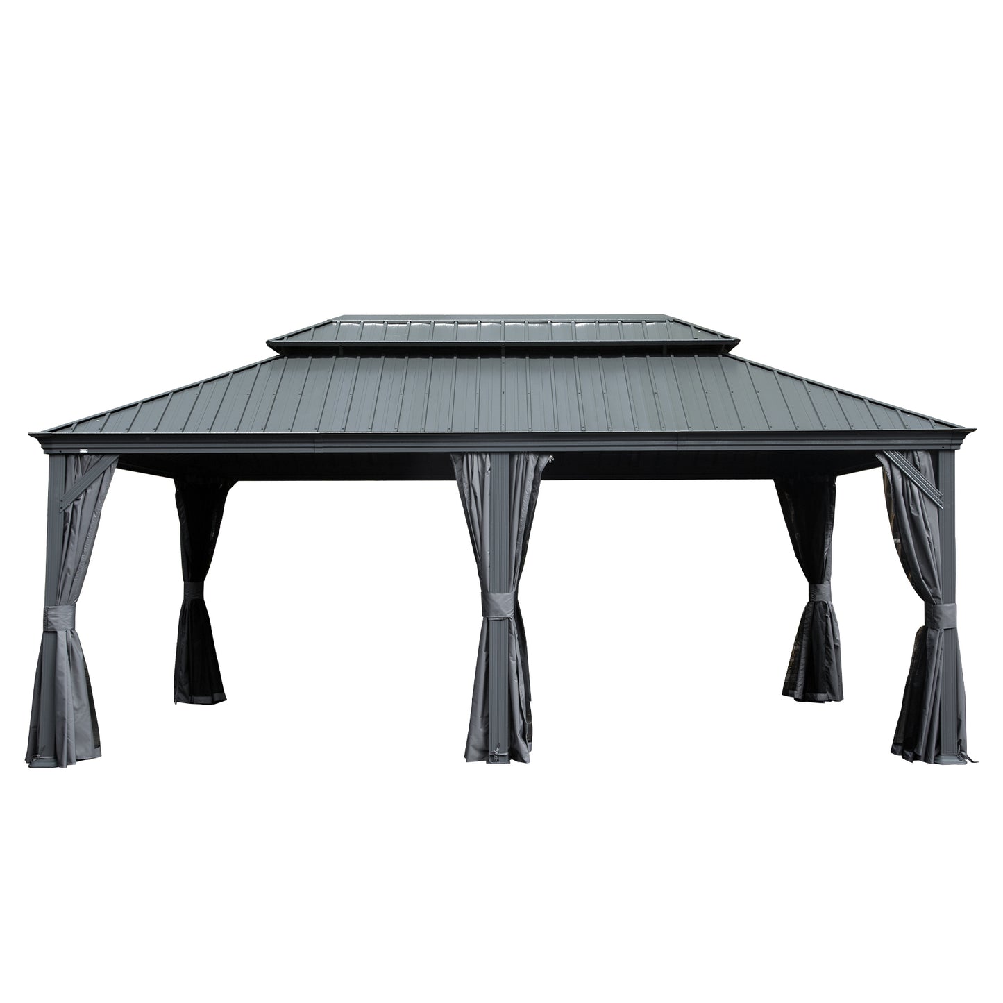 12' X 20' Hardtop Gazebo, Upgraded Metal Gazebo with Drainage System, Dual-Layer Galvanized Steel Roof, Curtain and Netting, Outdoor Shelter Canopy for Patio, Garden, and Backyard, Grey