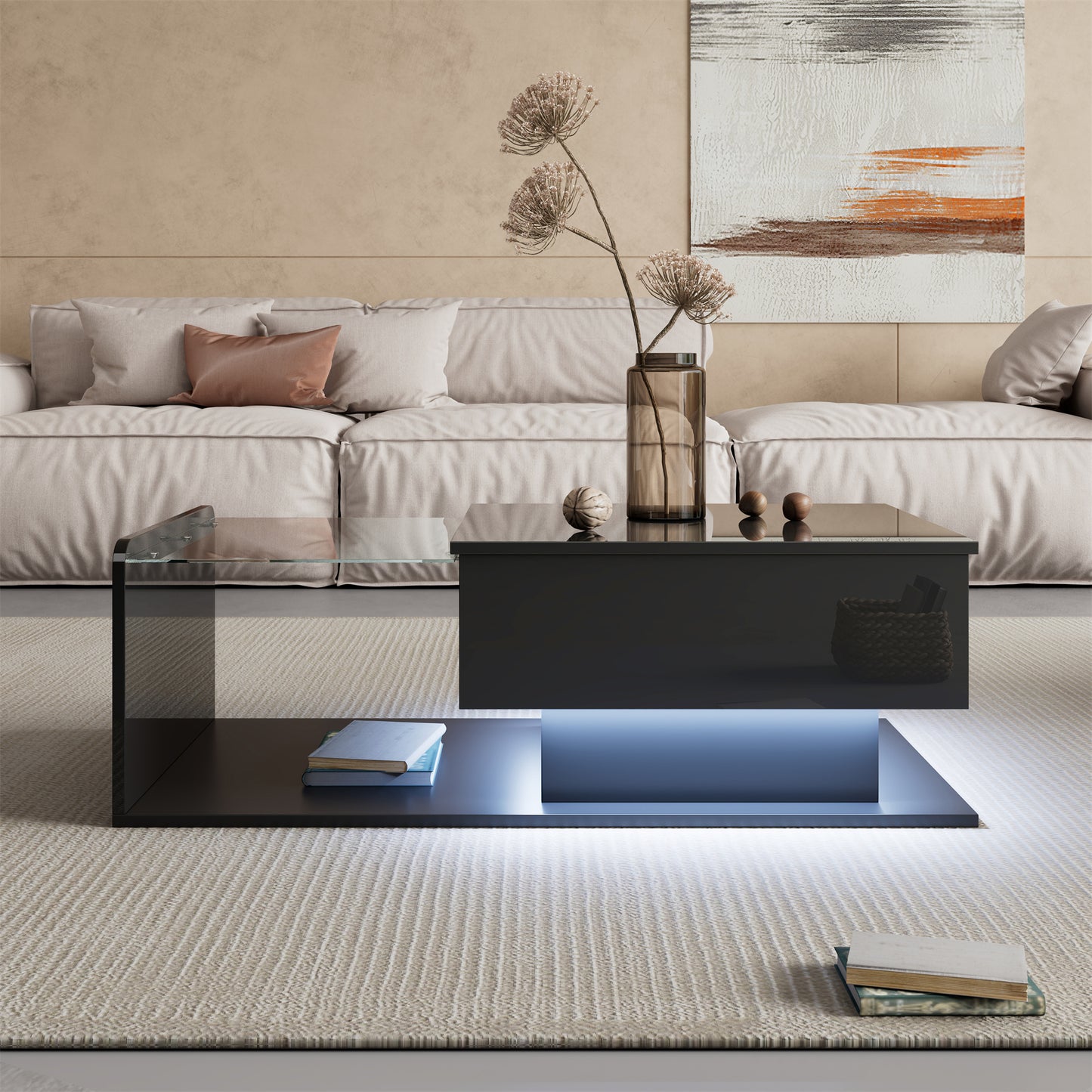 Coffee table, high-gloss black, side table, coffee table with glass and LED effect, with glass top