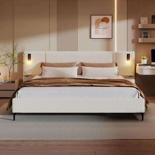 Chic Boucle Upholstered Bed with Integrated Lights and Shelves, White, King