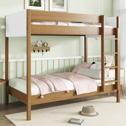 Twin Over Twin Bunk Bed with Boucle Upholstered Headboard and Footboard,Ladder, Safety Guardrails,Rubber Wooden Bunk Bed,Natural