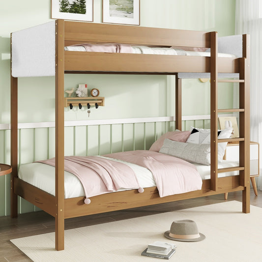 Twin Over Twin Bunk Bed with Boucle Upholstered Headboard and Footboard,Ladder, Safety Guardrails,Rubber Wooden Bunk Bed,Natural