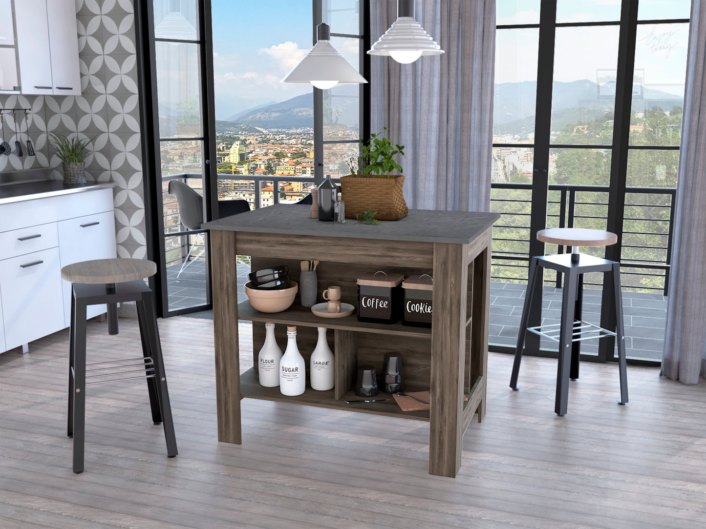 Brooklyn  Kitchen Island, Three Concealed Shelves