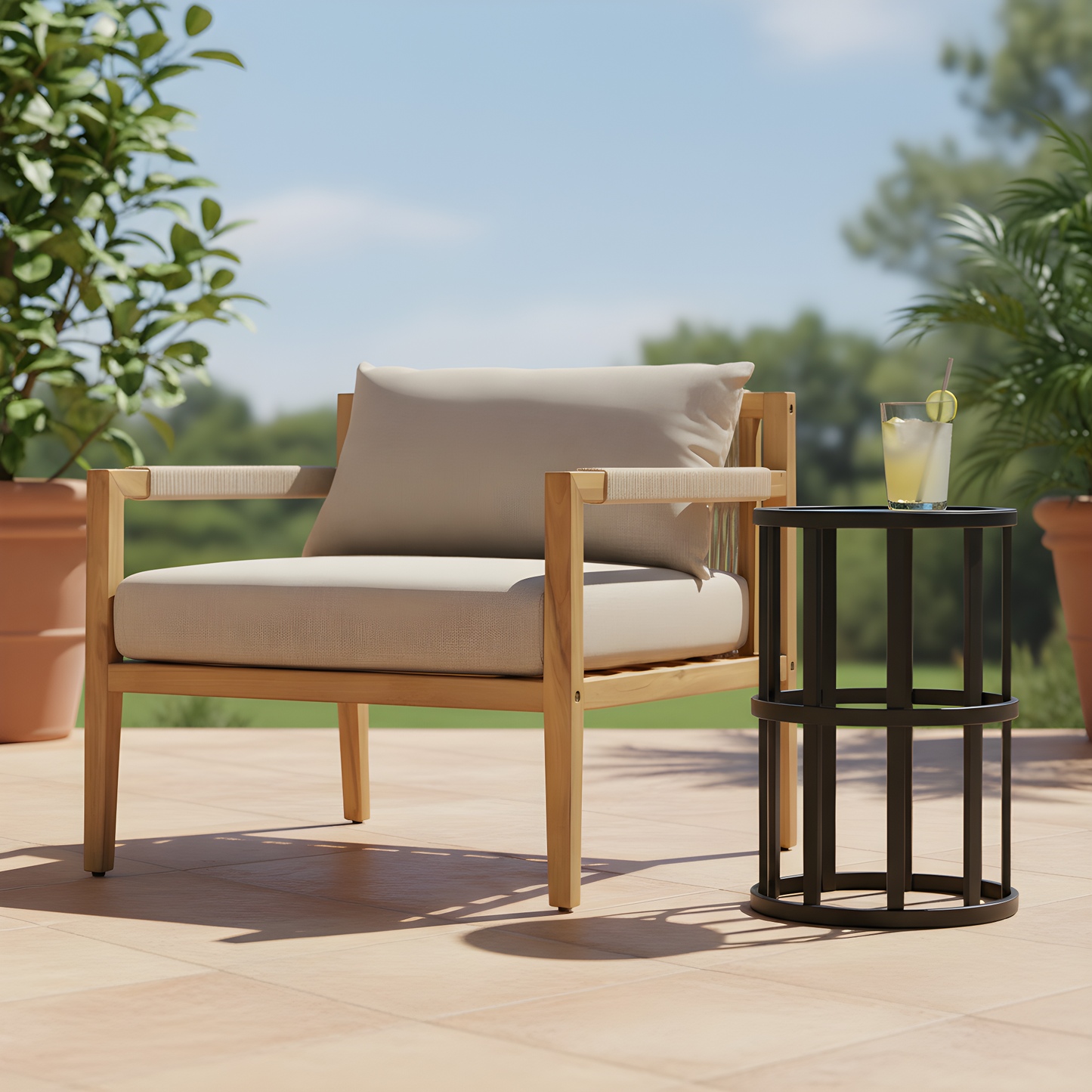 Acacia & Beige Rope Lounge Chair with Ceramic Tile Side Table Set