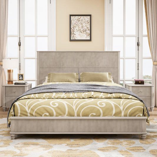 Solid Wood Bed Frame,King Platform Bed Frame with Headboard,Tall Headboard Natural Wood Bed ,No Box Spring Needed,Beige