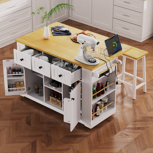 K&K 53inch Large Kitchen Island with Drop Leaf,Power Outlet,Door Internal Storage Rack,Rolling Kitchen Cart on 5 Wheels with 5 Open Side Racks for Kitchen,White (Two Packages)(Stools not included)