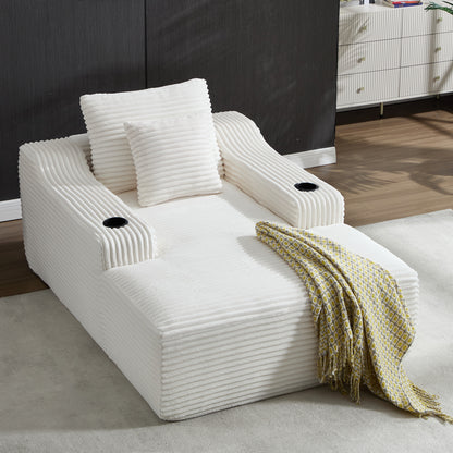 67' Chaise Lounge Chair 9.9'' Wide Armrest Indoor Corduroy Oversized Sleeper Sofa for Living Room Deep Seat Lounge and Two Soft Pillows Convertible Boneless Sofa Bed, White, No Assembly Required