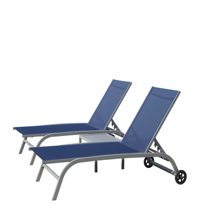 Chaise Lounge Outdoor Set of 3, Lounge Chairs for Outside with Wheels, Outdoor Lounge Chairs with 5 Adjustable Position, Pool Lounge Chairs for Patio, Beach(Blue, 2 Lounge Chairs+1 Table)